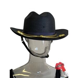 Vintage Stratton Hat Size 7 1/2 Black Self Forming USA Trooper Woven Gold Accent